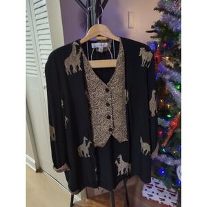 VTG Ilyse Hart Ltd Blazer w/ Attached Button Vest Safari Novelty Print Ez S...
